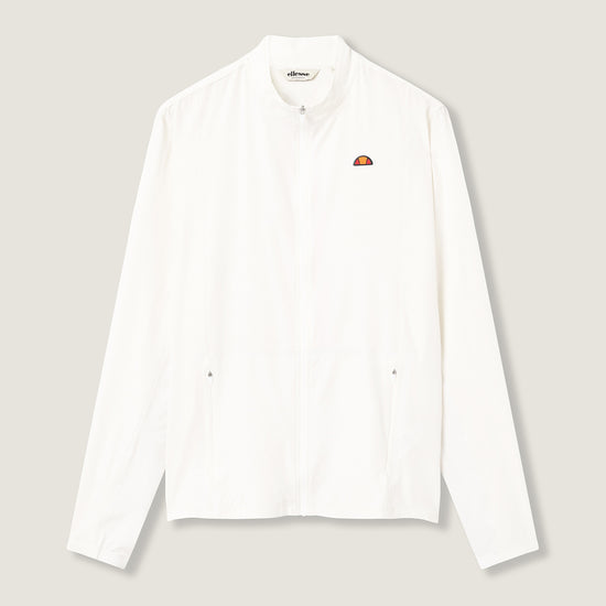 White shirt with a small logo on a light gray background